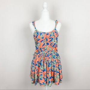 Free People Orange Floral Size XS Pleated Ruffle Strap Dear You Mini Dress